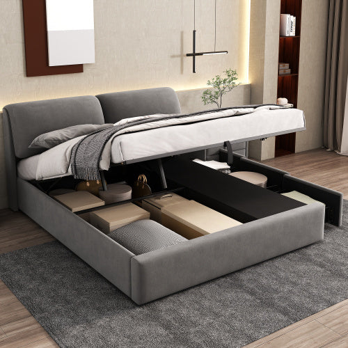UK Local Upholstered Bed,King Size Bed-5ftm  150x200cm, Hydraulic Bed, Three Drawers, Bed Box For Storage, Slatted Frame With Headboard, Without Mattress, Velvet, Grey