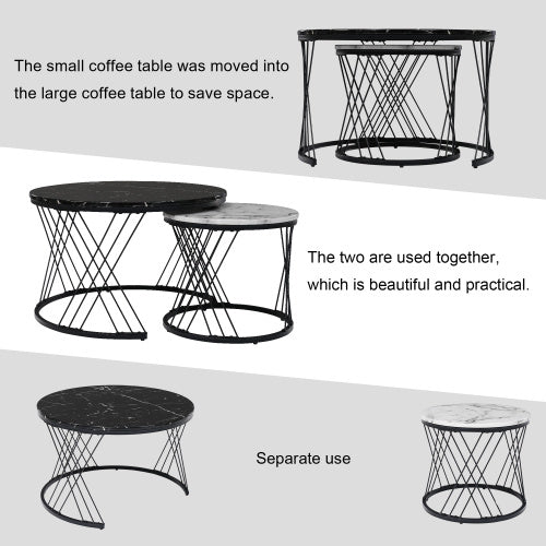 UK Local Round Coffee Table, Modern Coffee Table Set Of 2 Marble Pattern Top With Metal Frame, Small Side Table, End Table For Living Room, Bedroom, Home Office, Farmhouse, White And Black