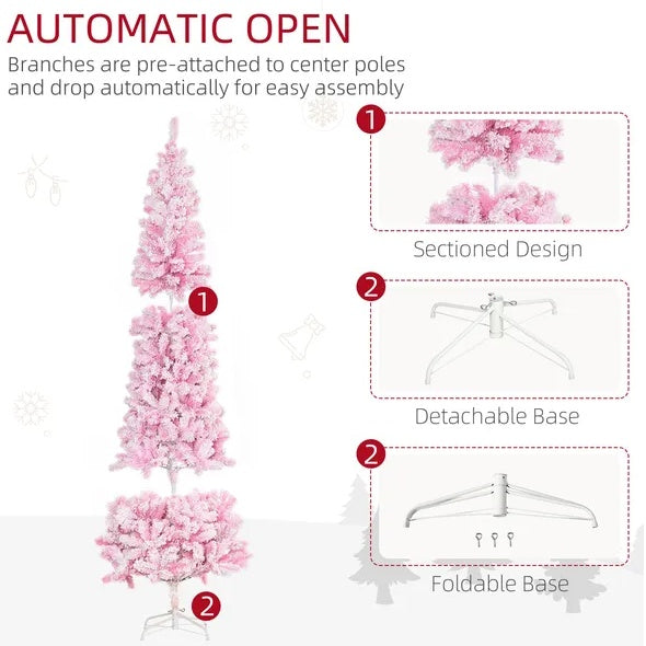 US Local 7.5' Tall Unlit Snow Flocked Artificial Christmas Tree Slim Pencil Xmas Tree With Pine Shape And Realistic Branches, Pink