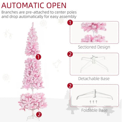 US Local 7.5' Tall Unlit Snow Flocked Artificial Christmas Tree Slim Pencil Xmas Tree With Pine Shape And Realistic Branches, Pink