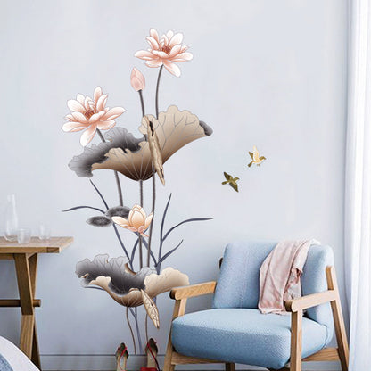 US Local Chinese Style Lotus Flower Wallpaper Self-adhesive Living Room Decor Sofa Background Decoration Wall Stickers