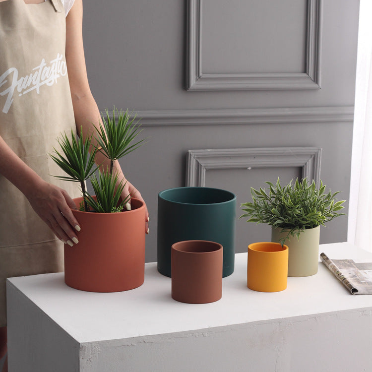 US Local Nordic Industrial Style Colorful Ceramic Flowerpot Succulent Planter Green Plants Cylindrical Shape Flower Pot With Hole Tray