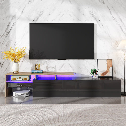 UK Local Modern TV Cabinet Design Stylish And Elegant, Practical Storage Space, Black And Wood Look, Glass Shelves, LED Lighting