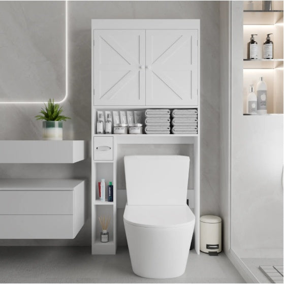 US Local Over The Toilet Storage Cabinet With 2 Door  Home Space Saving Toilet Rack, Farmhouse Style For Bathroom, Restroom, Laundry
