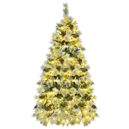 US Local 6FT Pre-Lit Spruce Snow Flocked Christmas Tree With Pine Cones, Artificial Xmas Tree With 403 Branch Tips,Mixed PE  PVC Branches, 250 Multi-Color LED Lights, 11 Flashing Modes, Holiday Decor