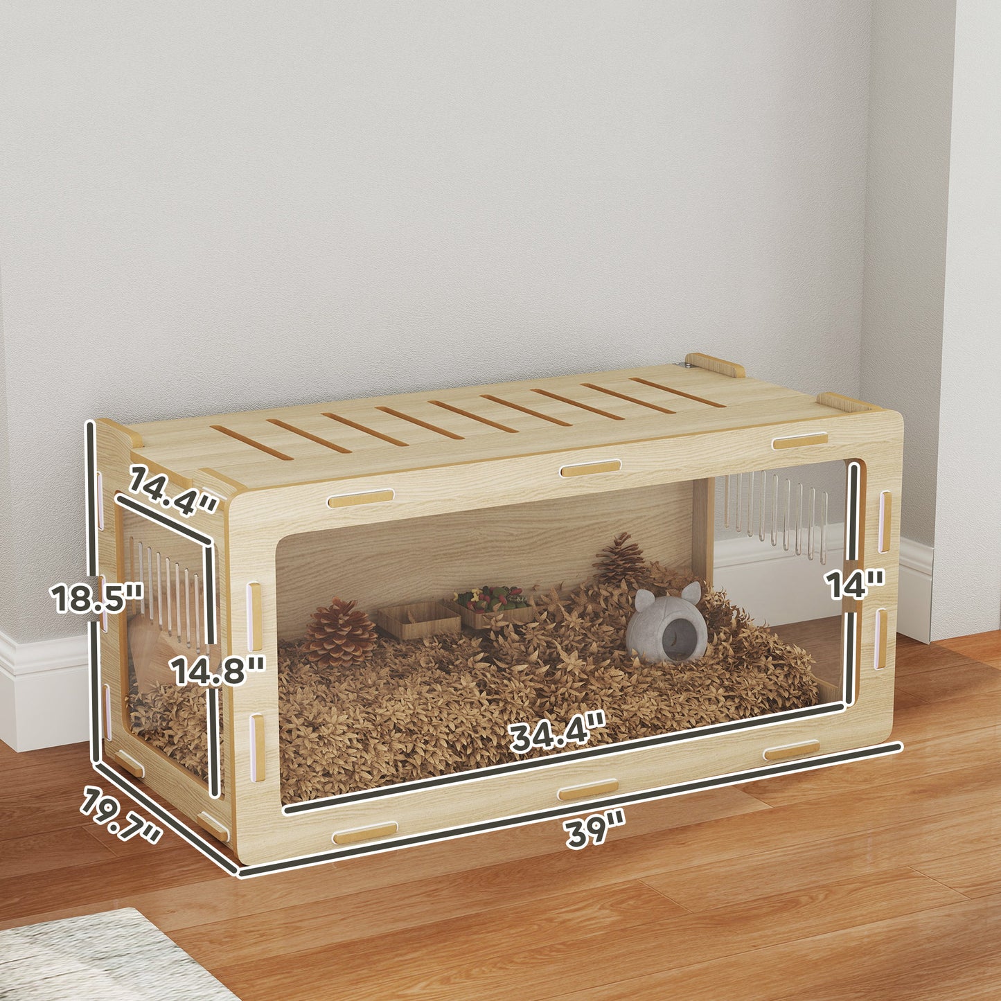 US Local Hamster Cage With Easy View Acrylic Panels, Air Vents & Openable Roof, For Gerbil, Guinea Pig, 39 X 20 X 18.5, Oak