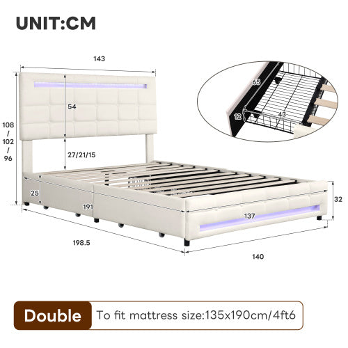 UK Local 4ft6 Double Upholstered Bed With LED Lighting And Storage Drawers, Linen Fabric Storage Bed Frame With Adjustable Button Tufted Headboard, No Box Spring Needed, Easy Assembly, Beige