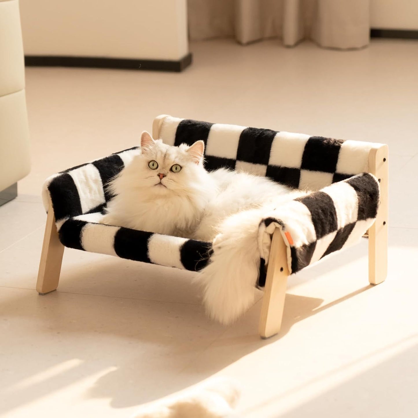 US Local MEWOOFUN Raised Cat Bed With Wooden Legs - Sturdy Cat Sofa Holds 15kg, 56x45cm Soft Checkerboard Couch With Removable Washable Cover For Indoor Cats & Kittens
