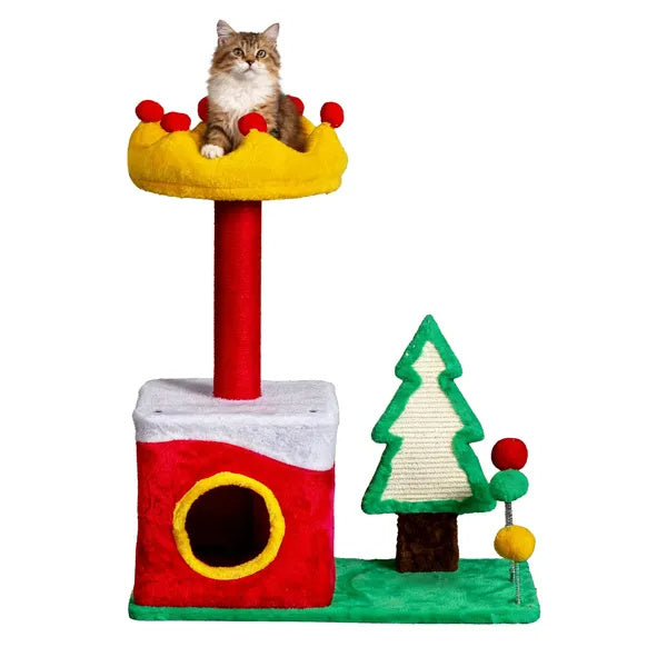 US Local 29.5in Christmas Themed Plush Cat Tree, Multi-level Cat Tower With Cat Condo, Top Crown Perch, Sisal Scratching Posts, Cat Pet Activity Center For Indoor Cats