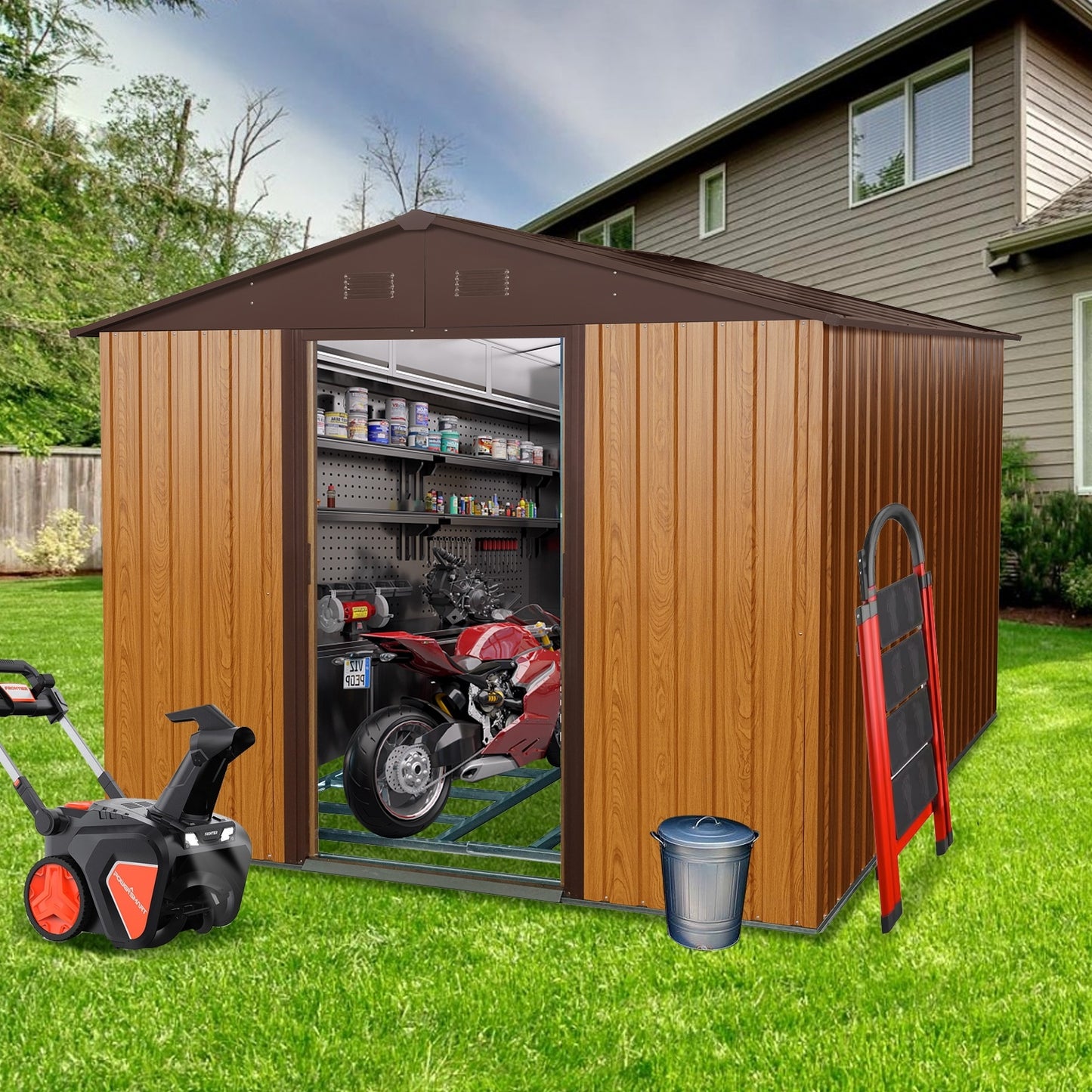 US Local 10ft X 8ft Outdoor Metal Storage Shed With Metal Floor Base,Coffee