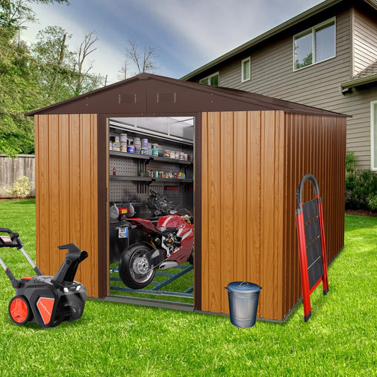 US Local 10ft X 8ft Outdoor Metal Storage Shed With Metal Floor Base,Coffee