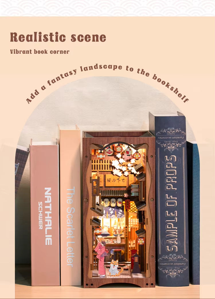 US Local CuteBee Handmade Craft Japanese Theme Sakura Theme Diy Book Nook With Light Night Light Model Dollhouse