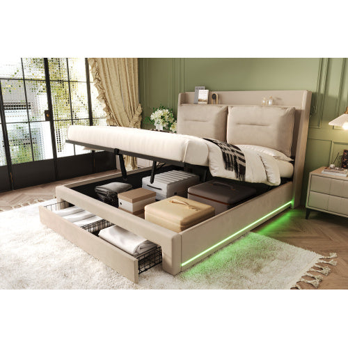 UK Local Upholstered Bed, 135x190 4ft6, Double Bed, Hydraulic Bed, 2-in-1 Storage Drawers At The End Of The Bed, Recessed LED Light Strips On Both Sides Of The Bed, Slatted Frame, Velvet,Beige