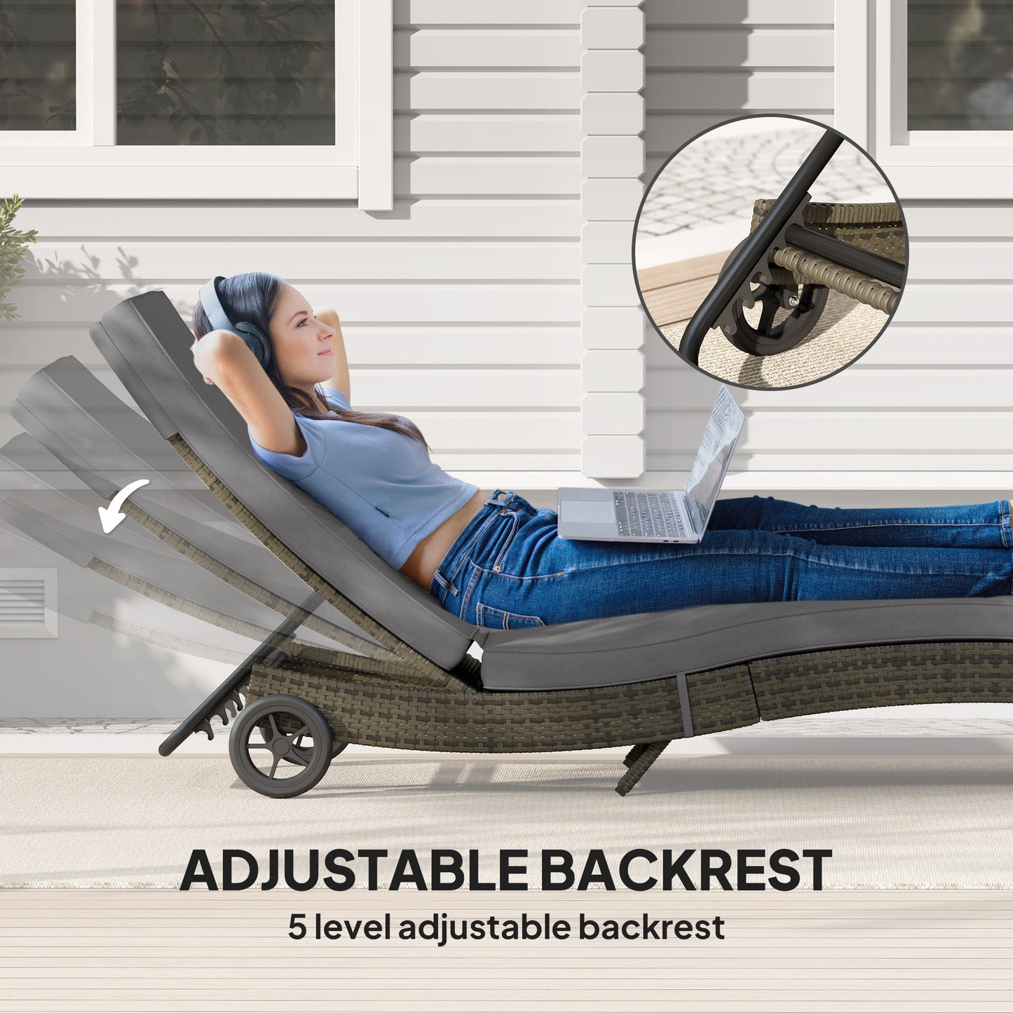 US Local Patio Wicker Chaise Lounge Chair, Outdoor PE Rattan Sun Lounger With Adjustable Backrest And 2 Wheels, Gray