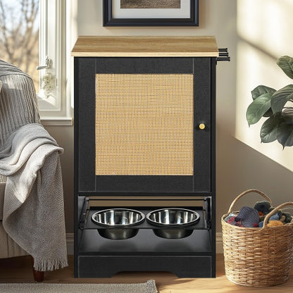 US Local Feeding Station With 1 Storage Cabinets, Pet Feeding Station With 2 Elevated Dog Bowls, Side Hooks, Anti-tip Kit, Hidden Pet Feeder Station For Feeding  Watering, Black