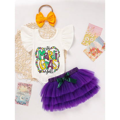 US Local Baby Girls' Mardi Gras Outfit Set Ruffle Sleeve Letter Print Bodysuit, Mesh Tutu Skirt & Hairband