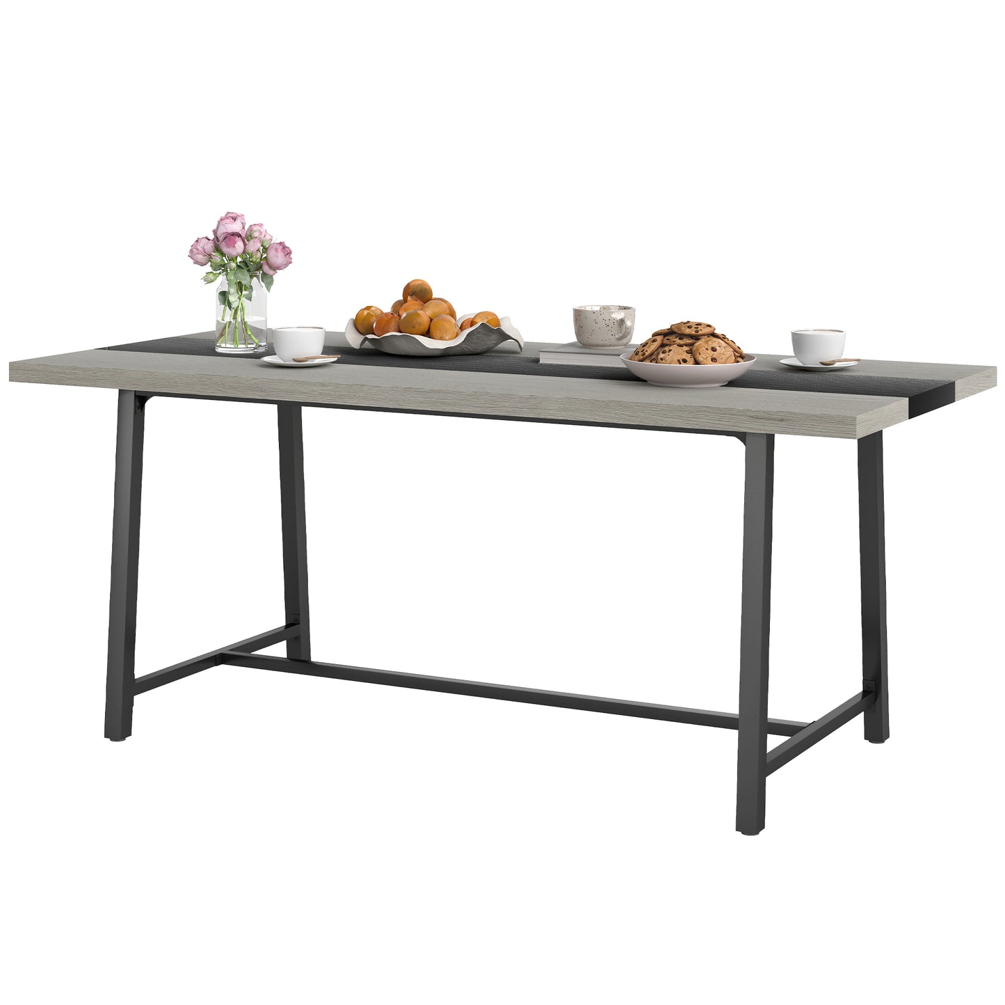 US Local Industrial Kitchen Table For 8 People, 70.9 Long Dining Table With Large Tabletop And Steel Legs For Dining Room, Gray