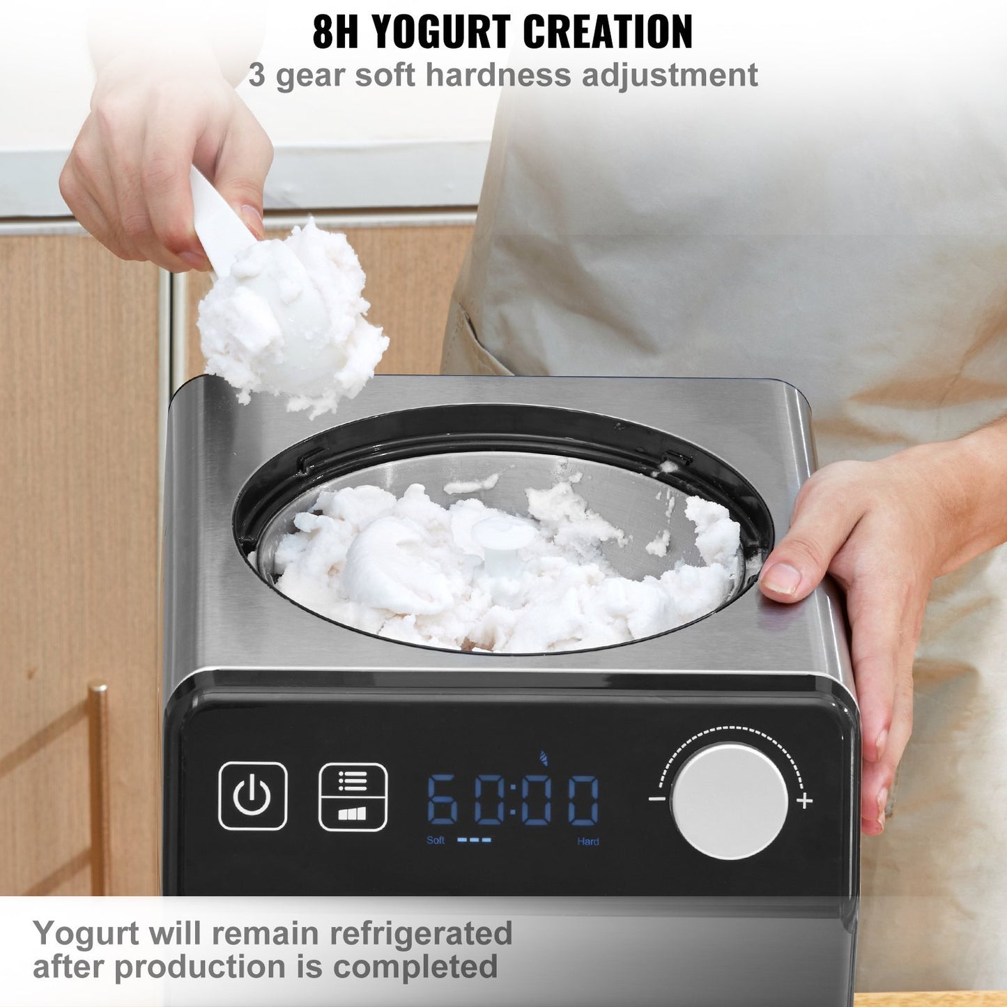 Upright Automatic Ice Cream Maker With Built-in Compressor, 2 Quart No Pre-freezing Fruit Yogurt Machine, Stainless Steel Electric Sorbet Maker, 4 Modes Gelato Maker With Digital Display  Timer