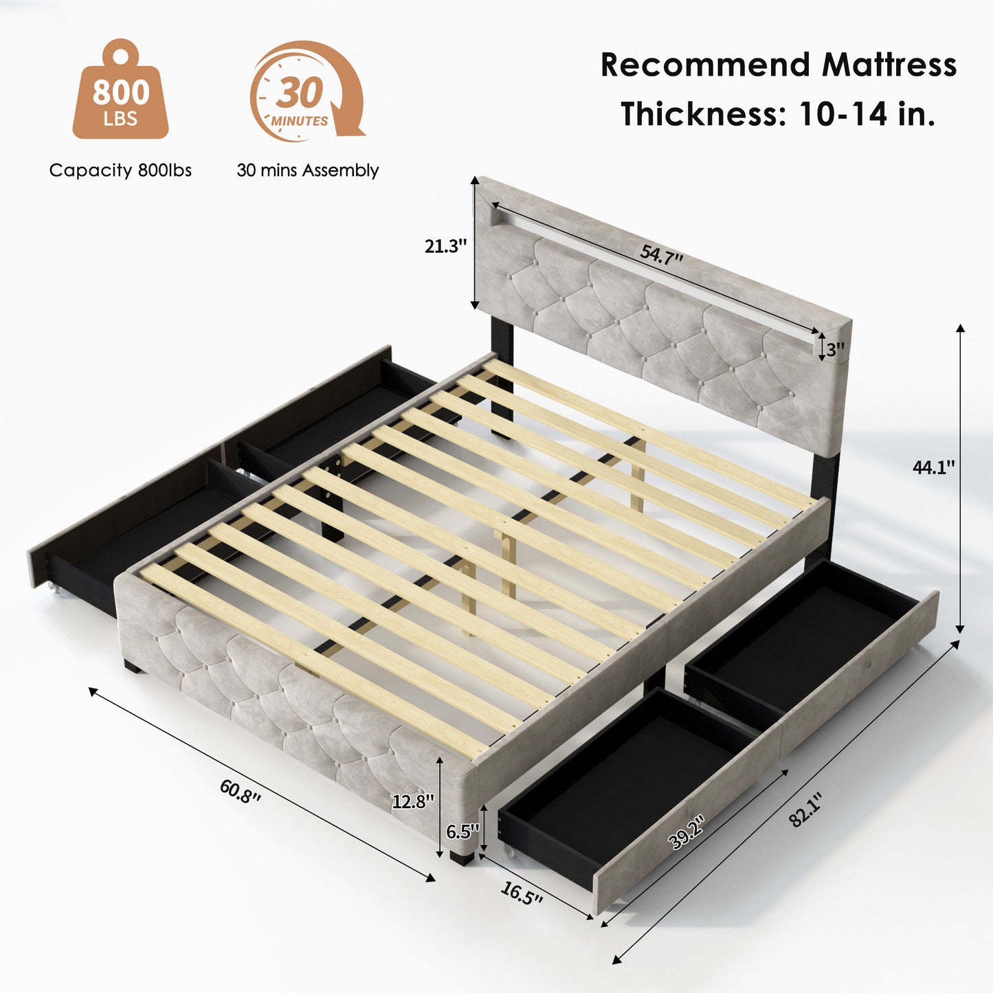 US Local Upholstered Platform Storage Bed Frame With 4 Drawers And LED Light,No Box Spring Needed