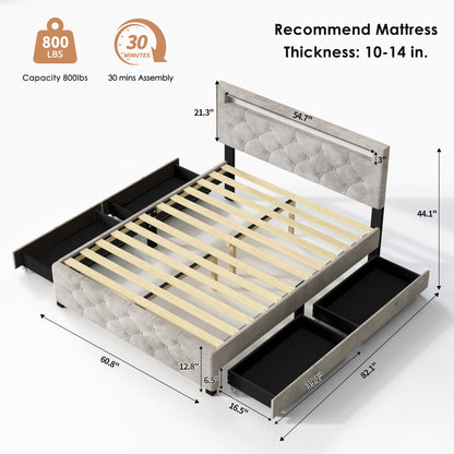 US Local Upholstered Platform Storage Bed Frame With 4 Drawers And LED Light,No Box Spring Needed