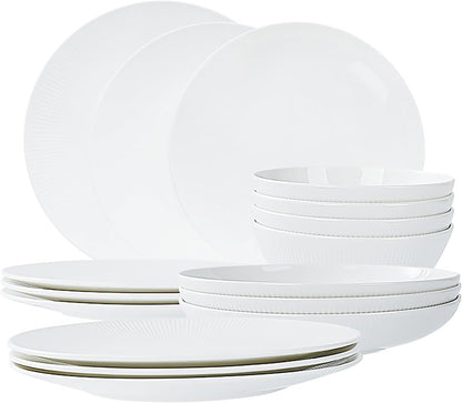 US Local Dandilion Bone China Dinnerware Set, 16 Pieces, Service For 4, Plates, Dishes, Bowls Set, Microwave And Dishwasher Safe, Ivory White With Radial Lines