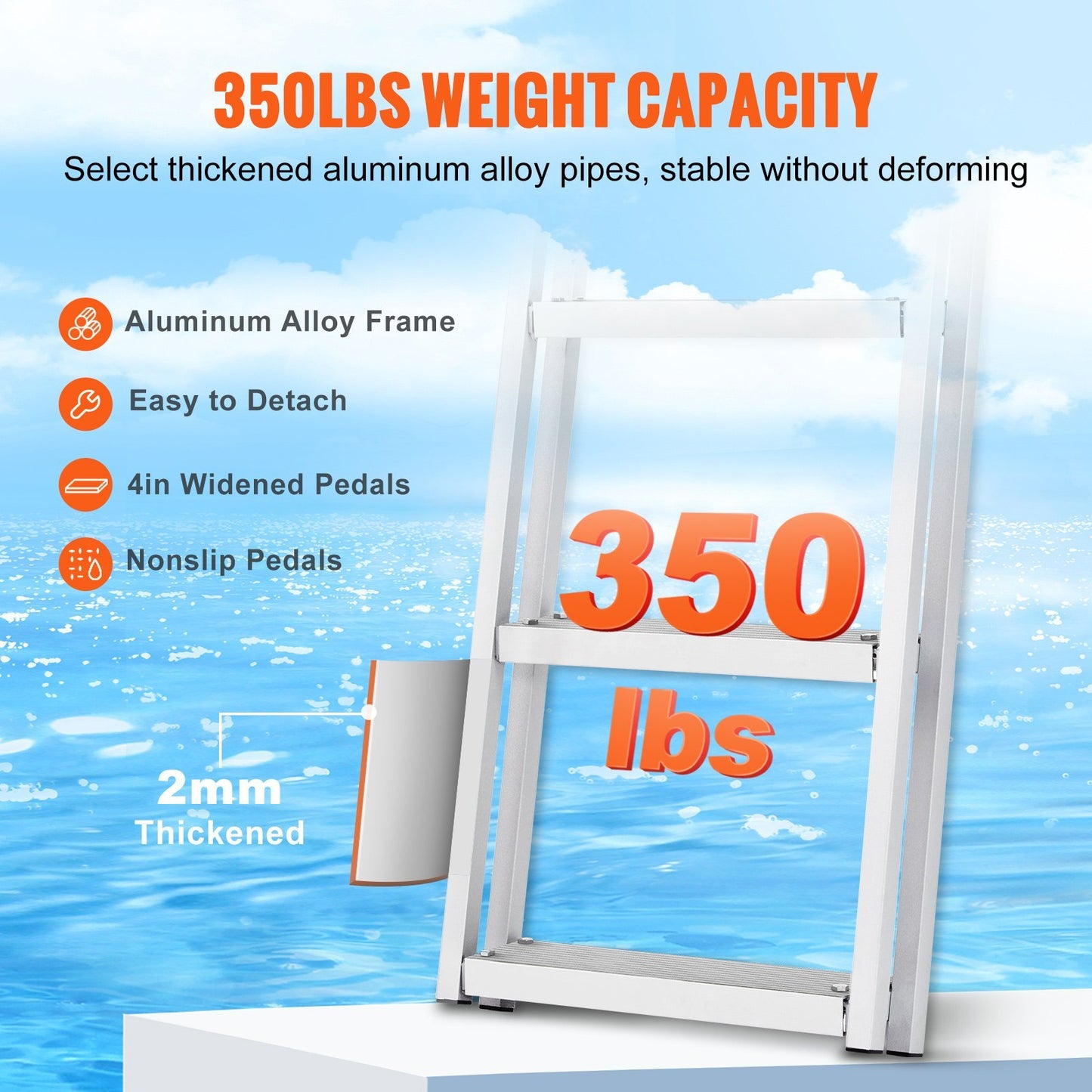VEVOR Dock Ladder, Removable 4 Steps, 350 Lbs Load Capacity, Aluminum Alloy Pontoon Boat Ladder With Wide Step & Nonslip Rubber Mat, Easy To Install For Ship Lake Pool Marine Boarding