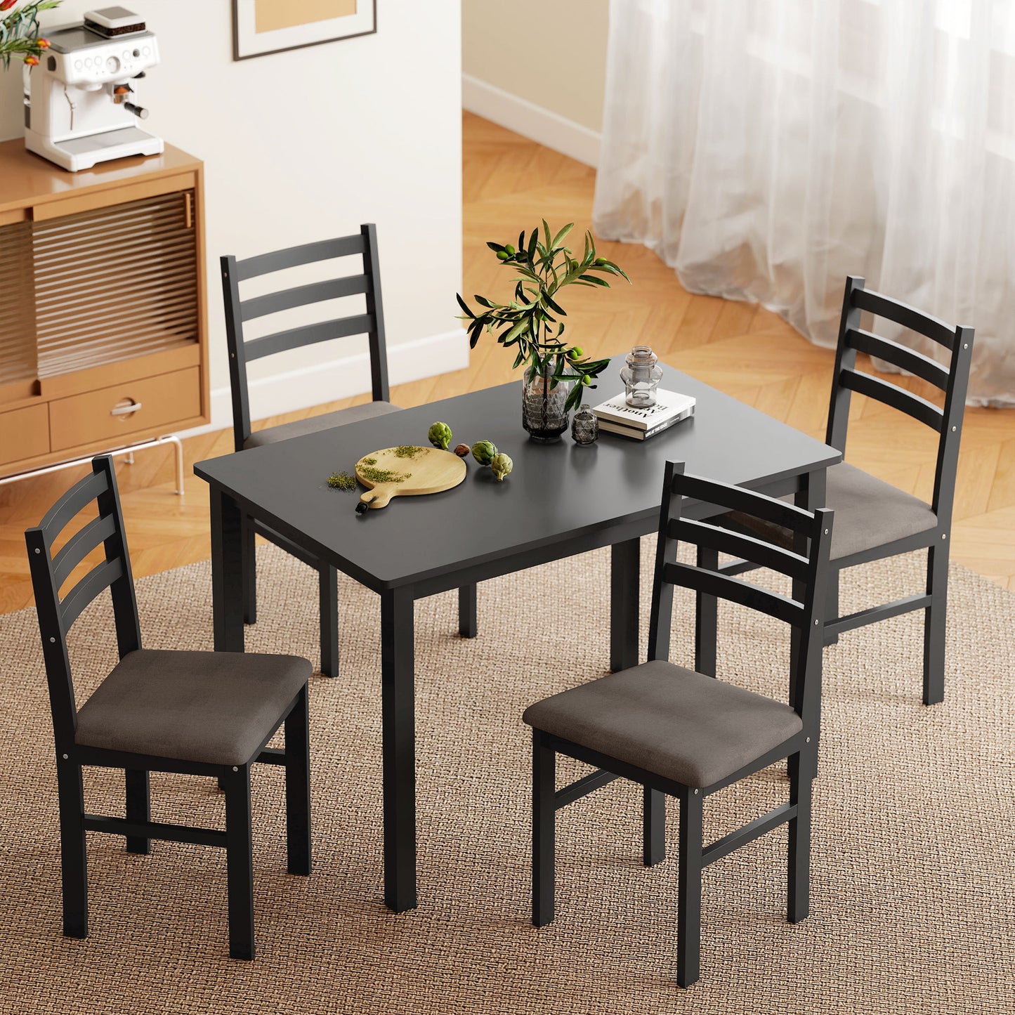 US Local 5-Piece Small Kitchen Table Set For 4, Farmhouse Dining Table Set With Upholstered Chairs And Rubber Wood Legs, Black