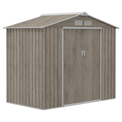 UK Local Outsunny 7 X 4ft Metal Garden Storage Shed With Vents, Floor Foundation Kit And Lockable Double Doors, Light Brown