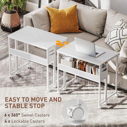 US Local Folding Computer Desk, Foldable Desk With Storage Bag, Shelf And Wheels For Small Spaces, Home Office, White