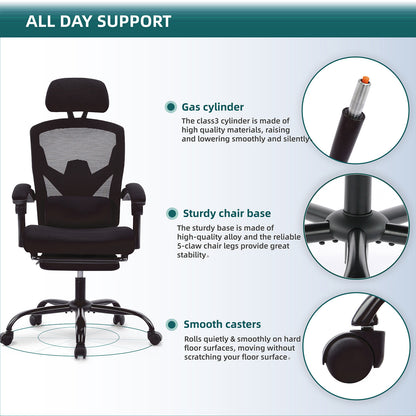 US Local Retractable Footrest Ergonomic Swivel Office Chair With Lumbar Support Pillow And Padded Armrests