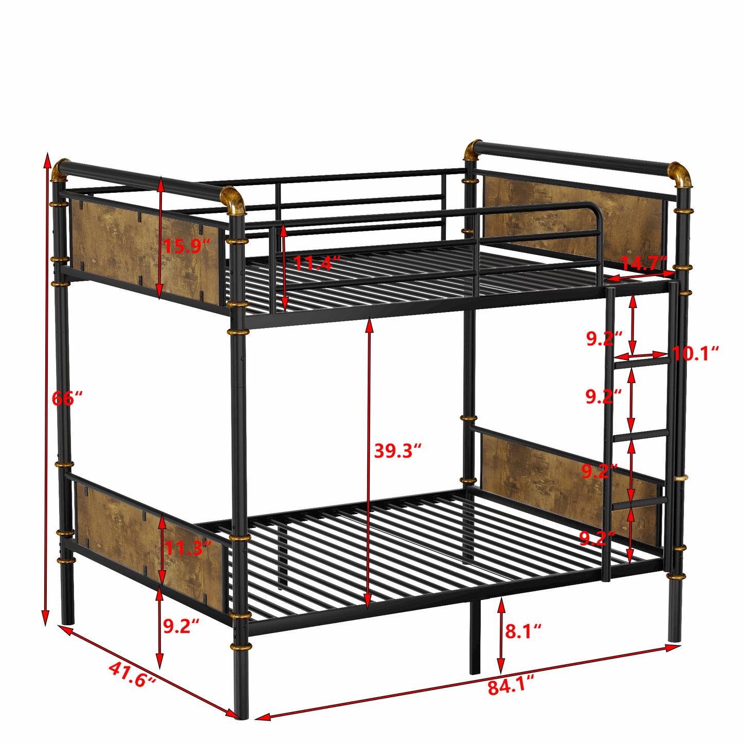 US Loccal Double Bed Plus Double Bed Plus Metal Bunk Bed, Industrial Grade Detachable Bunk Bed With Safety Railing, Suitable For Teenagers, Black