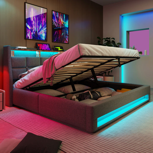 UK Local Upholstered Double Bed 135 X 190 Cm With LED Lighting, USB Type-C Charging Function, Storage Headboard, 4FT6 Double Bed Storage Bed Frame With Metal Slatted Frame, Linen, Grey No Mattress