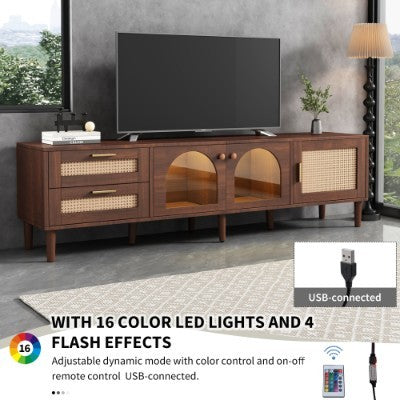 UK Local 180 Cm Brown TV Cabinet For 80-inch TV - With 2 Rattan Drawers, 2 Curved Glass Doors And 1 Rattan Door, LED Lighting, Offers Stylish Storage, TV Board