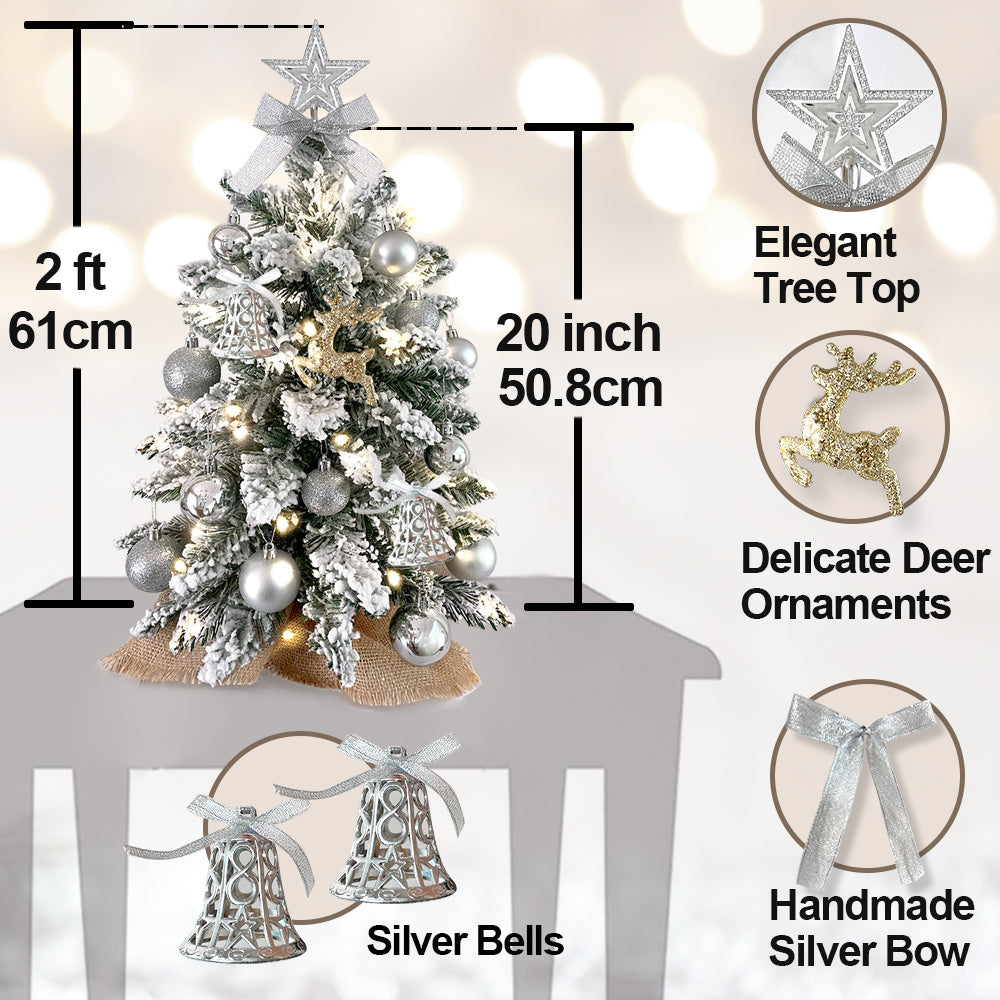 US Local 2ft Mini Christmas Tree With Light Artificial Small Tabletop Christmas Decoration With Flocked Snow, Exquisite Decor & Xmas Ornaments For Table Top For Home & Office