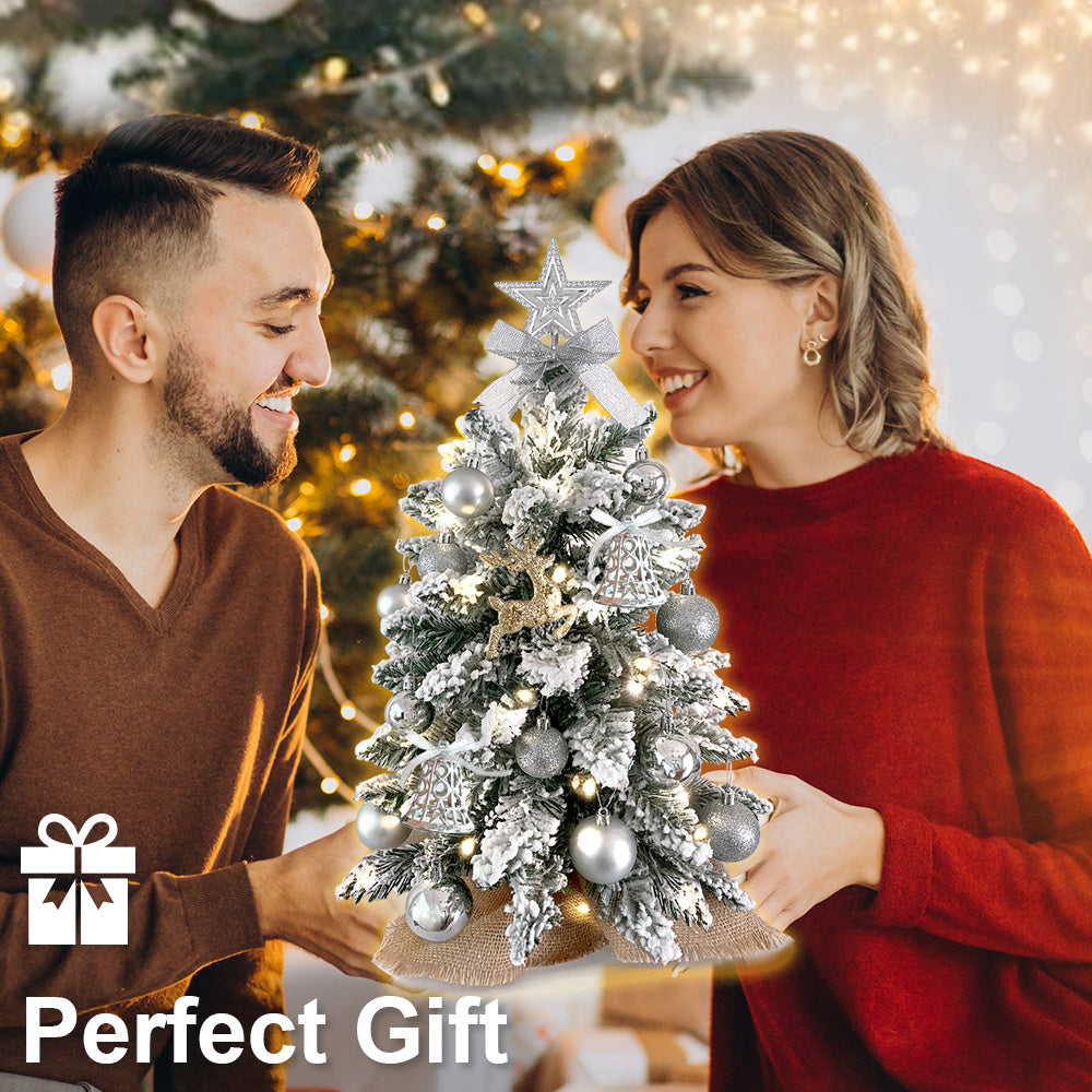 US Local 2ft Mini Christmas Tree With Light Artificial Small Tabletop Christmas Decoration With Flocked Snow, Exquisite Decor & Xmas Ornaments For Table Top For Home & Office