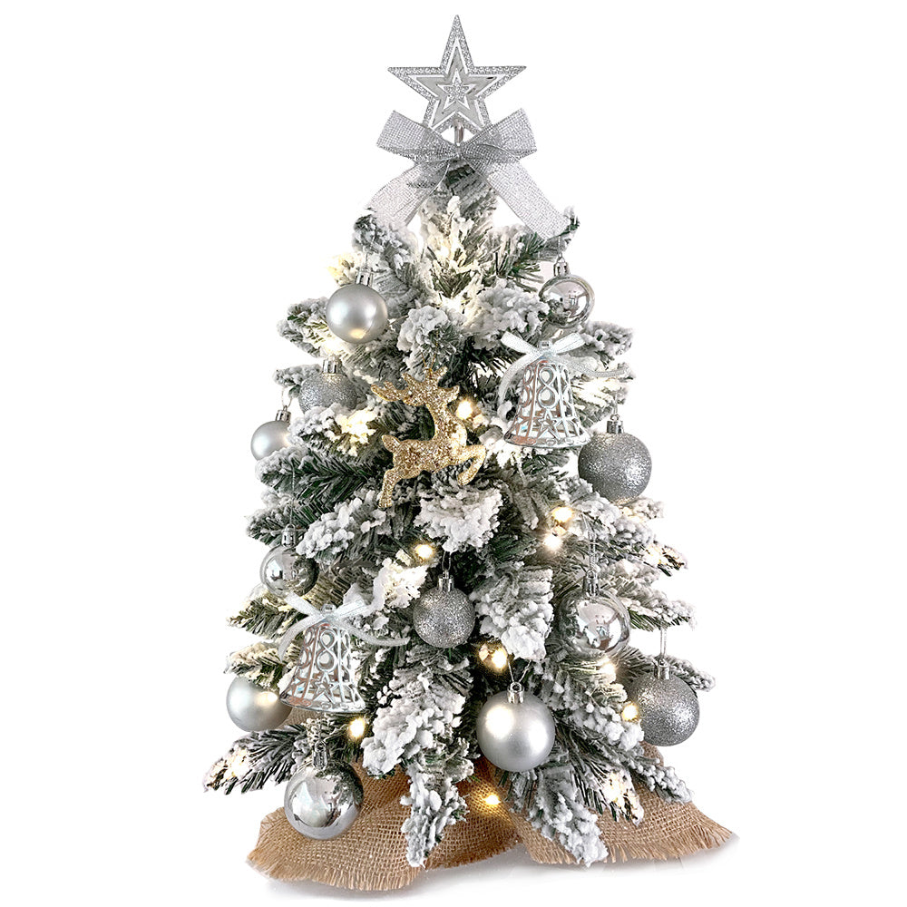 US Local 2ft Mini Christmas Tree With Light Artificial Small Tabletop Christmas Decoration With Flocked Snow, Exquisite Decor & Xmas Ornaments For Table Top For Home & Office