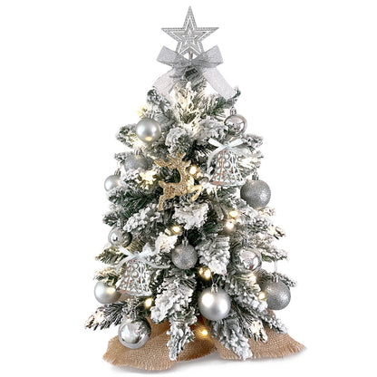 US Local 2ft Mini Christmas Tree With Light Artificial Small Tabletop Christmas Decoration With Flocked Snow, Exquisite Decor & Xmas Ornaments For Table Top For Home & Office