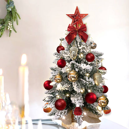 US Local 2ft Mini Christmas Tree With Light Artificial Small Tabletop Christmas Decoration With Flocked Snow, Exquisite Decor & Xmas Ornaments For Table Top For Home & Office