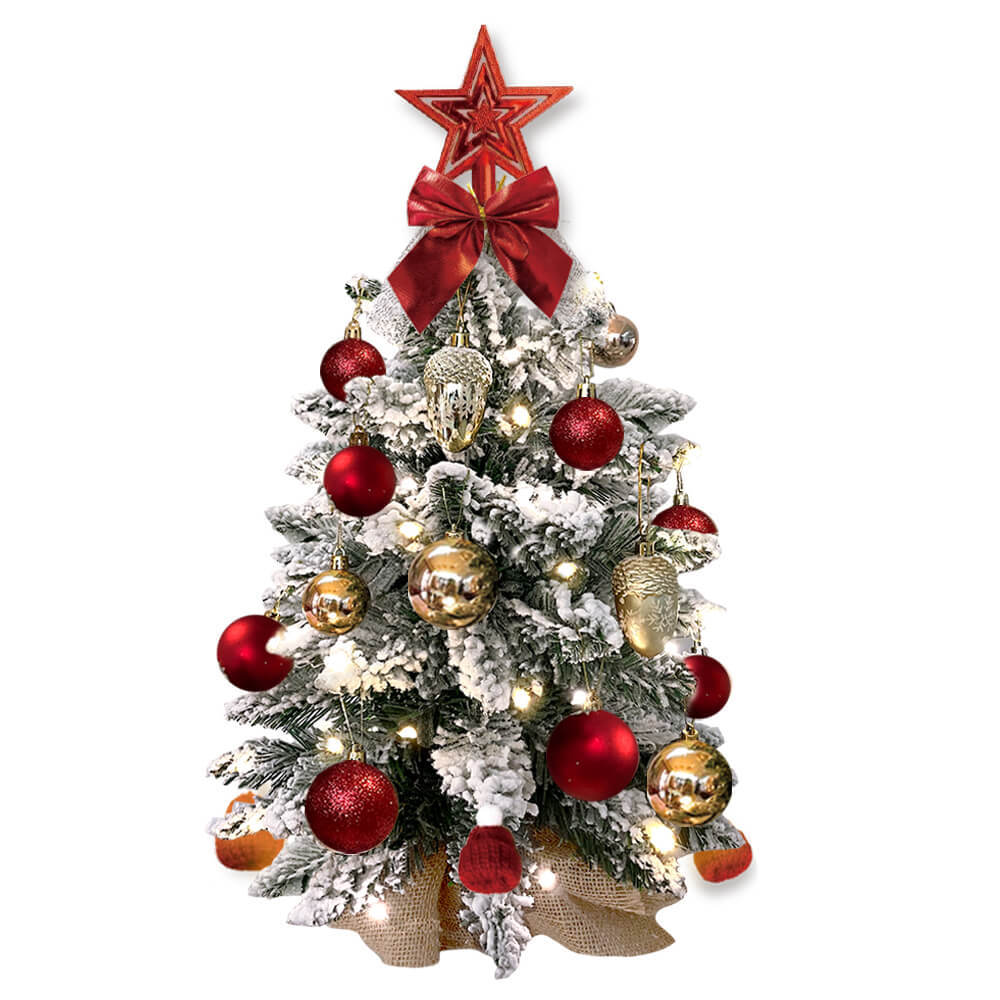 US Local 2ft Mini Christmas Tree With Light Artificial Small Tabletop Christmas Decoration With Flocked Snow, Exquisite Decor & Xmas Ornaments For Table Top For Home & Office