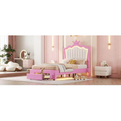 US Local Twin Size Upholstered Bed Frame With LED Lights, Modern Upholstered Princess Bed With Crown Headboard, A Drawer
