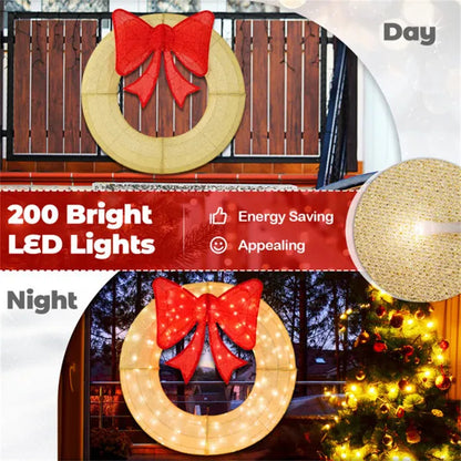 Pre-Lit Christmas Wreath - 200 LED Lights Warm White Red, Large Bow IP44 Weatherproof For Indoor Outdoor