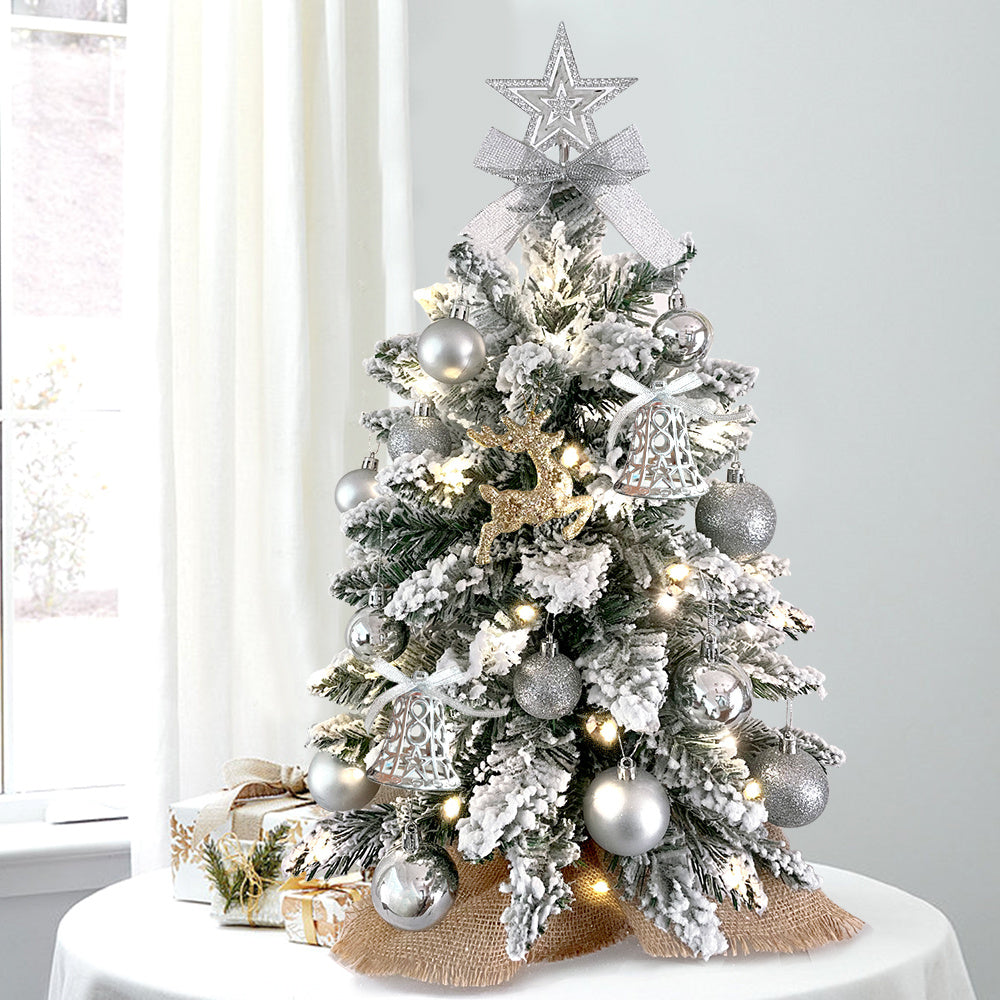 US Local 2ft Mini Christmas Tree With Light Artificial Small Tabletop Christmas Decoration With Flocked Snow, Exquisite Decor & Xmas Ornaments For Table Top For Home & Office
