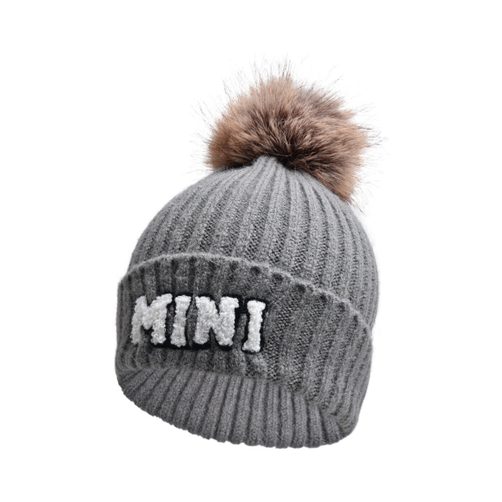 Letter MAMA Woolen Cap Outdoor Fur Ball Warm Hat