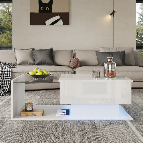 UK Local Coffee Table, High-Gloss White, Side Table, Coffee Table With Glass And LED Effect, With Glass Top