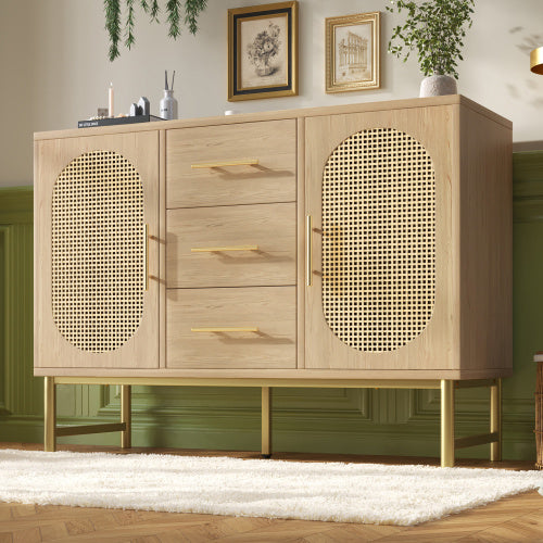 UK Local Rattan Sideboard Storage Cabinet With 2 Doors 3 Drawers, Storage Cabinet For Living Room, Bedroom, And Hallway, Metal Handles, Adjustable Shelves, Anti-Tip, 120 X 40 X 74 Cm, Oak