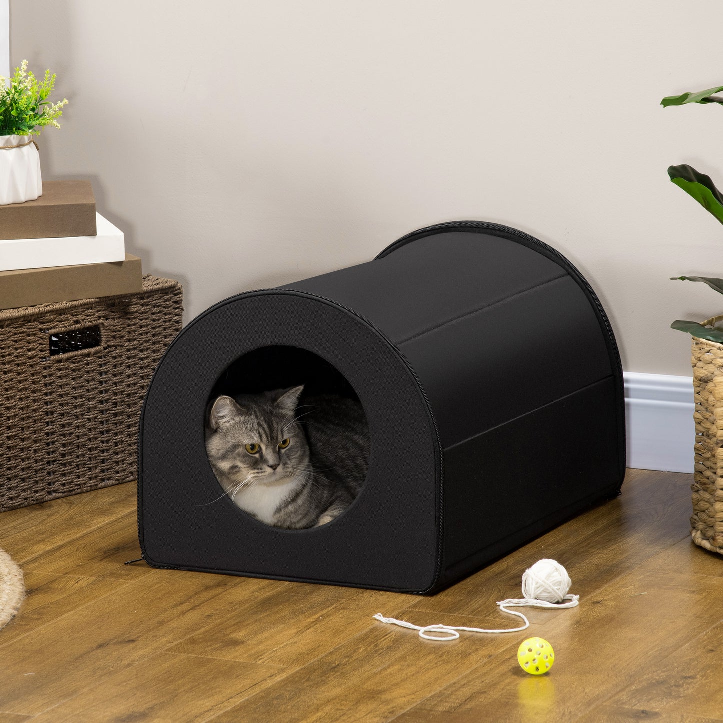 US Local Winter Portable Heated Double Wide Water-Resistant Indoor Outdoor Cat Houses For Multiple Cats - Black