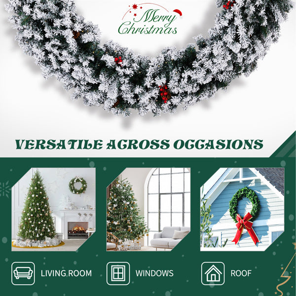 US Local 60in Pre-lit Snow Flocked Christmas Wreath, Lighted Artificial Xmas Wreath With 220 Warm White Lights And 600 PVC Tips And DIY Ornaments, For Front Door Gate Wall Xmas Party Decorations, Snowy Green