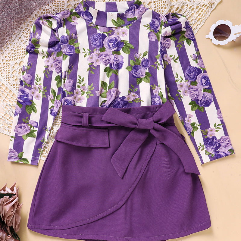 US Local Toddler Girl Purple Rose Print Girls Outfit, Spring Fall Stripe Top With Belt Skirts Set Holiday Going Out Clothes