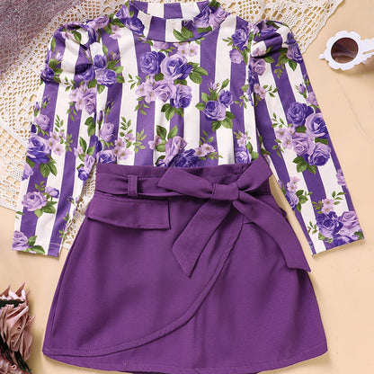 US Local Toddler Girl Purple Rose Print Girls Outfit, Spring Fall Stripe Top With Belt Skirts Set Holiday Going Out Clothes
