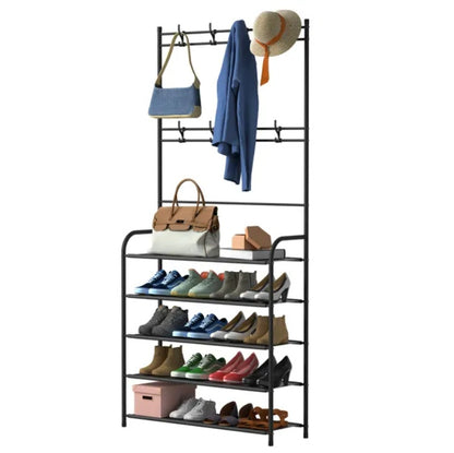 US Local Entryway Coat Hat Rack Shoe Storage Shelf Shoe Rack Freestanding Hall Tree Garment Hanger Stand Clothes Shoe Organizer Combo